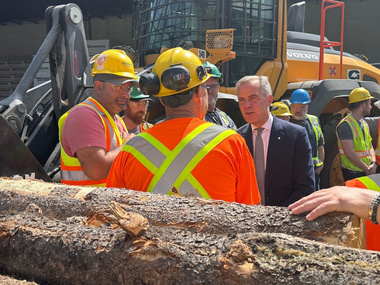 default-1192 A man in a suit speaks to mill workers in hard hats with logs surrounding them
