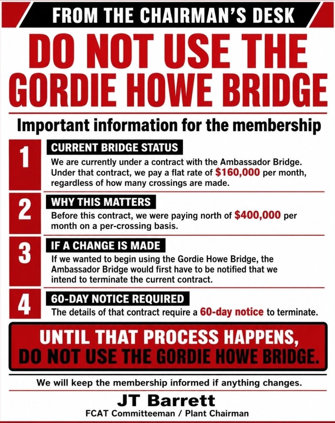 default-1223 A poster advising drivers against using the Gordie Howe bridge