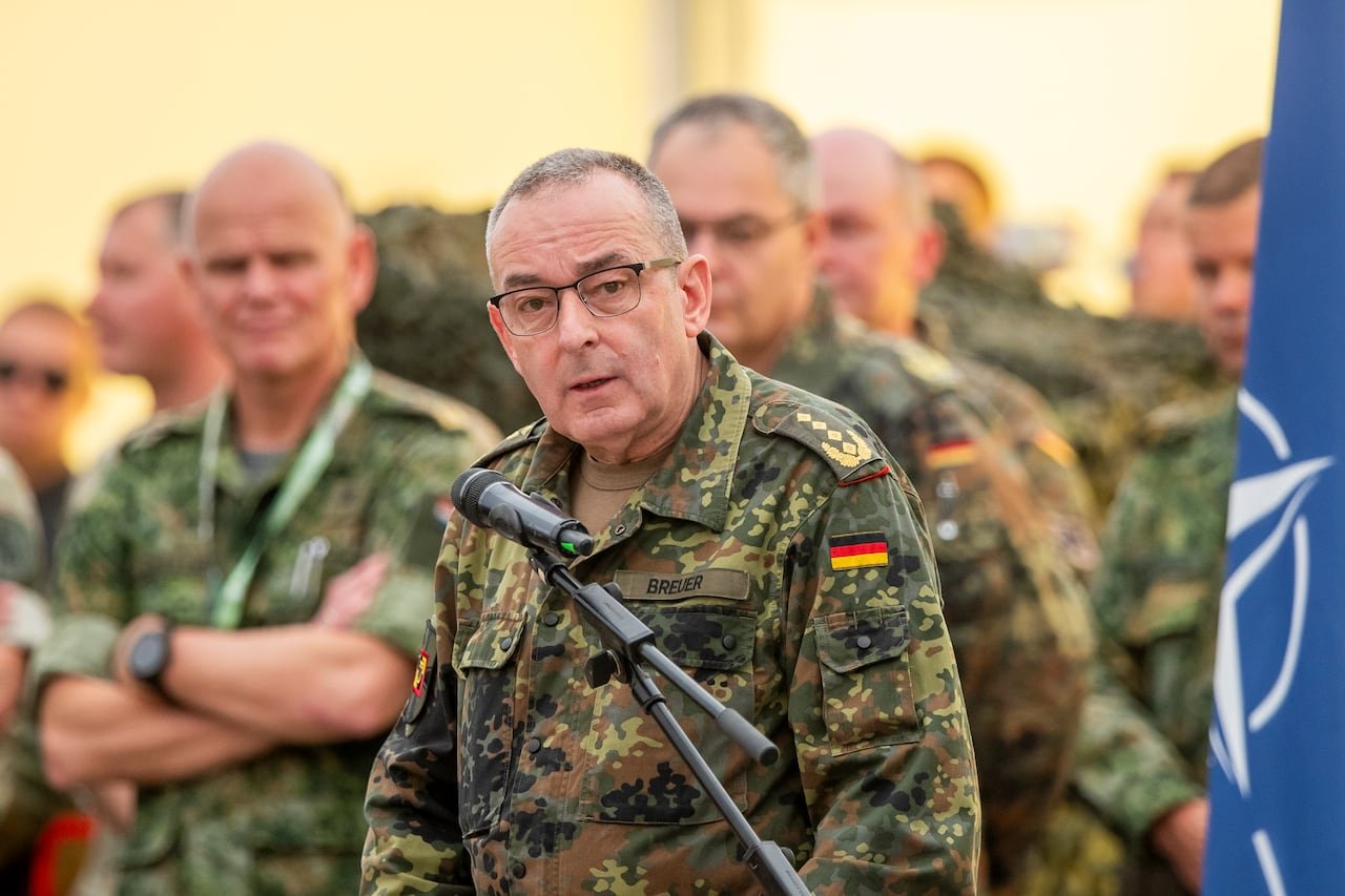 default-1997 German Chief of Defense Gen. Carsten Breuer makes a statement during the Lithuanian-German division-level international military exercise 'Grand Quadriga 2024' at a training range.