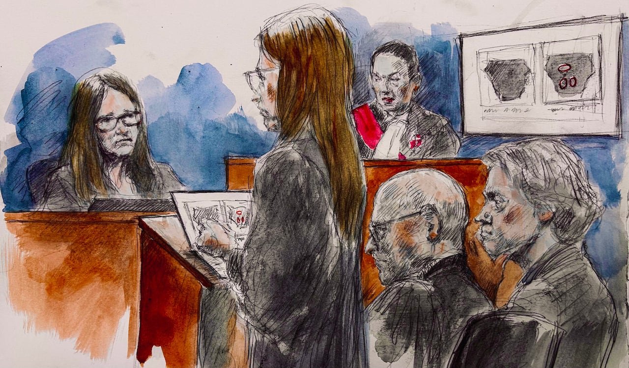 default-2579 A sketch of a forensic scientist testifying in court.