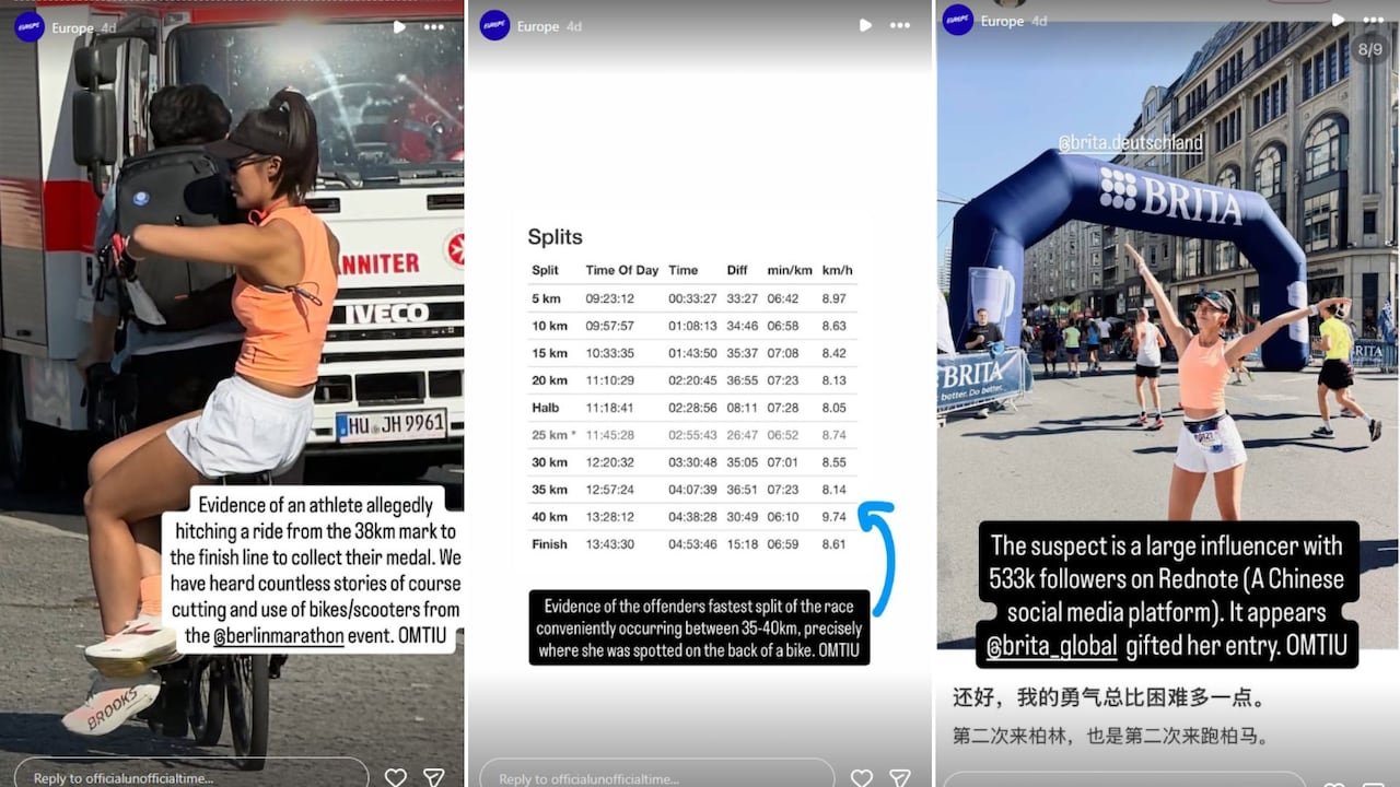 Three side by side images. The first shows a girl sitting on the back of a bike. The second shows the times of her splits. The third shows her celebrating at a finish line.